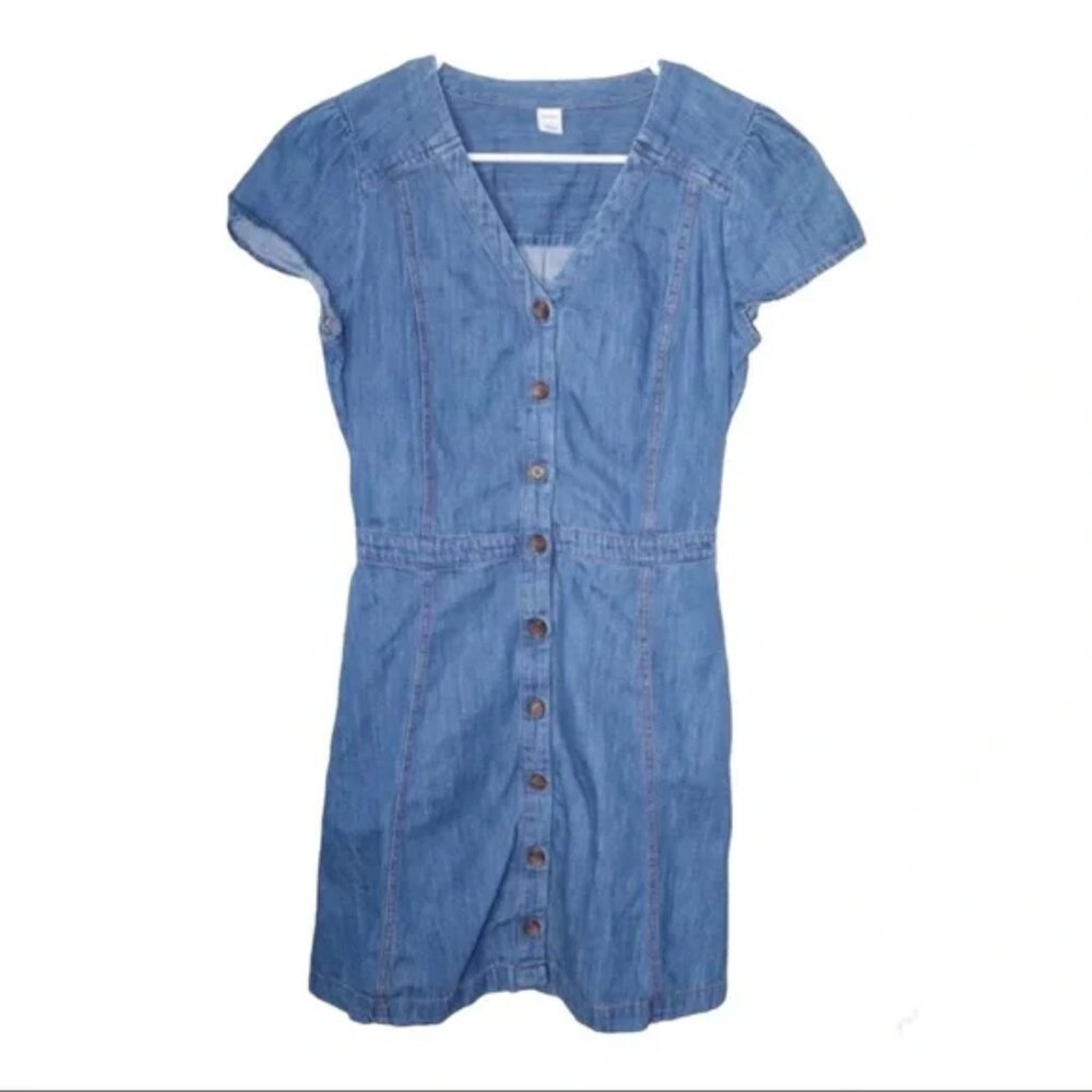 Old Navy Button Down Denim Dress pockets short sleeve chambray preppy sz MEDIUM - Picture 2 of 8